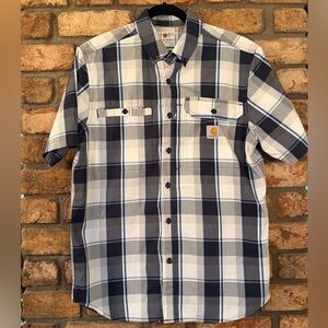 Carhartt Men's Navy and White Plaid Button Down Shirt